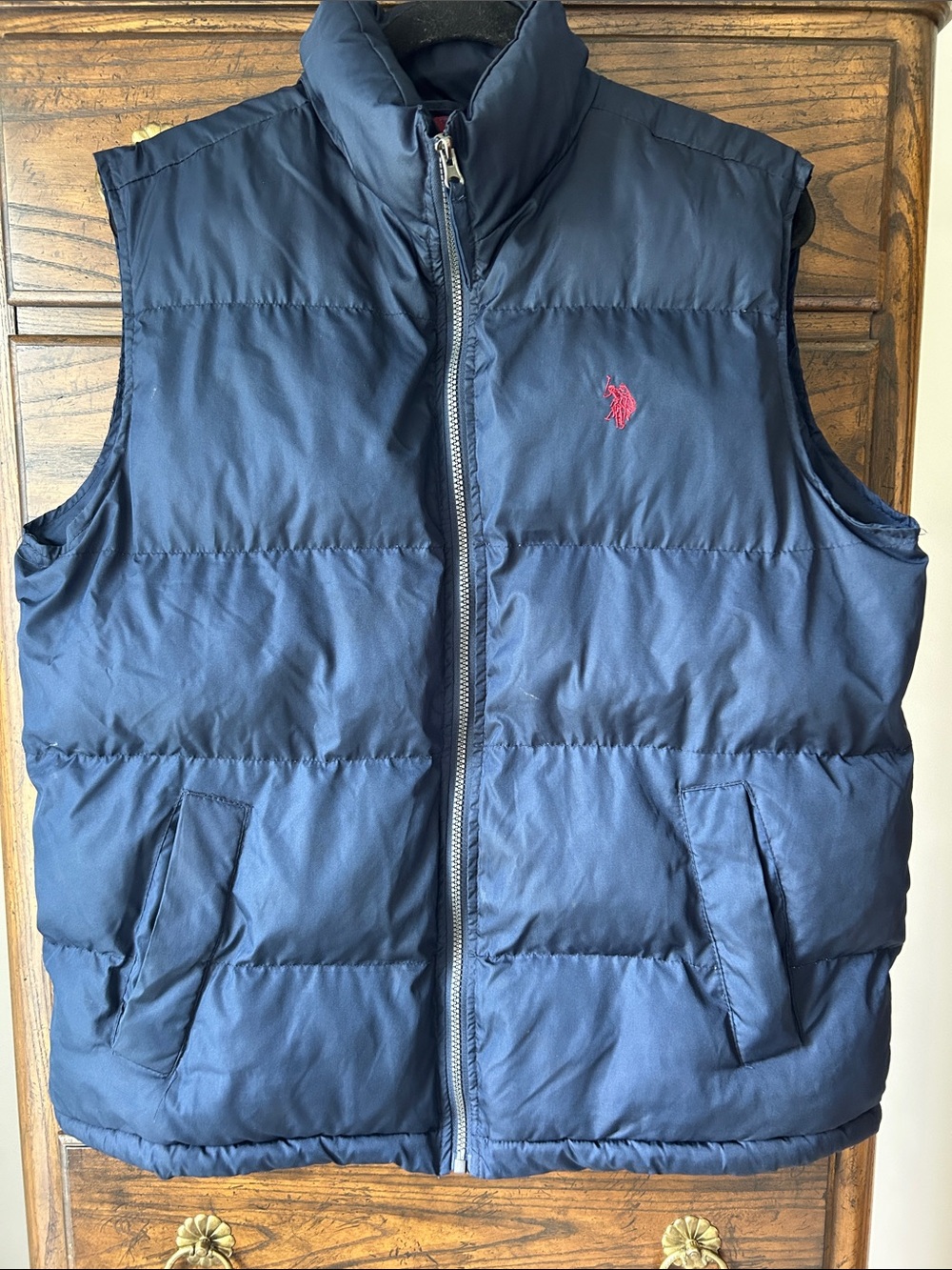 U.S. Polo Assn. Men’s Navy Quilted Puffer Vest with Red Pony, Size M